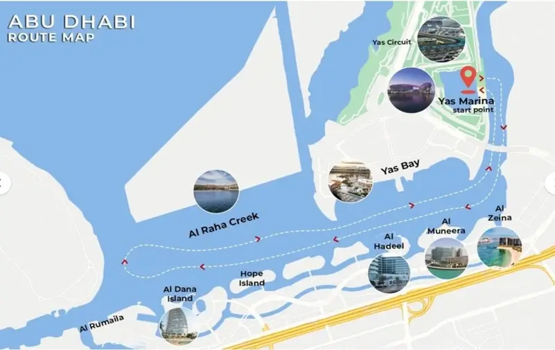 Route map of the Abu Dhabi dhow cruise starting at Yas Marina and sailing past Yas Bay and the Yas Island waterfront