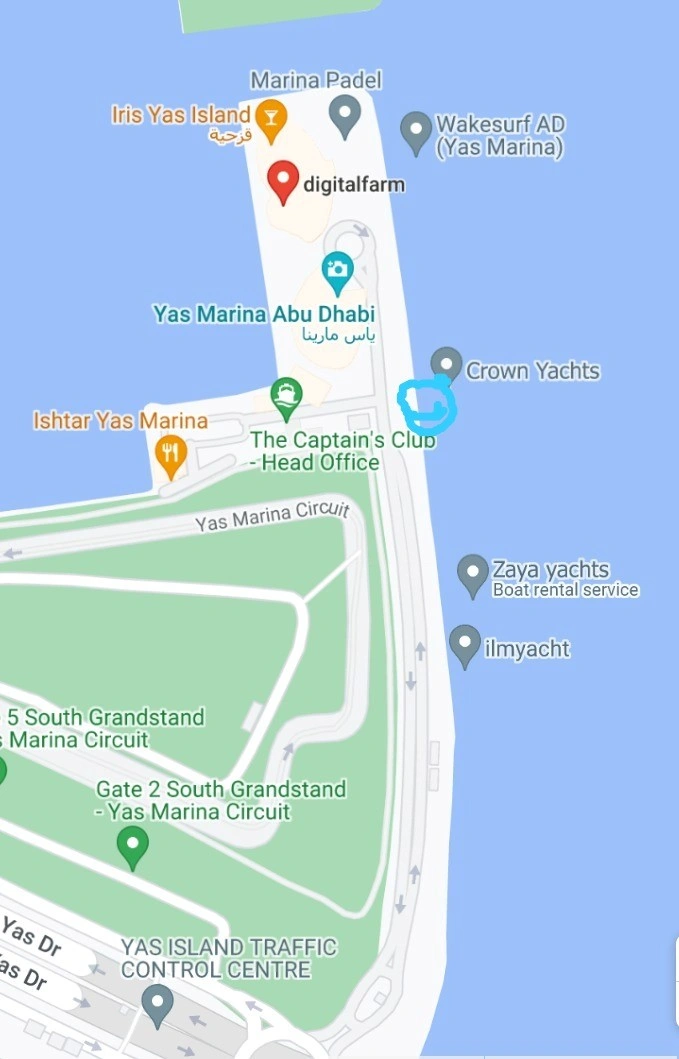 Map showing the Abu Dhabi dhow cruise mooring at Yas Marina Yacht Club near the W Abu Dhabi