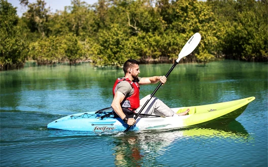 Traveller kayaking through the calm waters of Eastern Mangroves National Park in Abu Dhabi