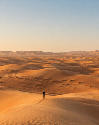 Small group of travellers walking across the vast golden Liwa desert dunes — Liwa Desert Safari guide by Sultan Karrani for Arabiers