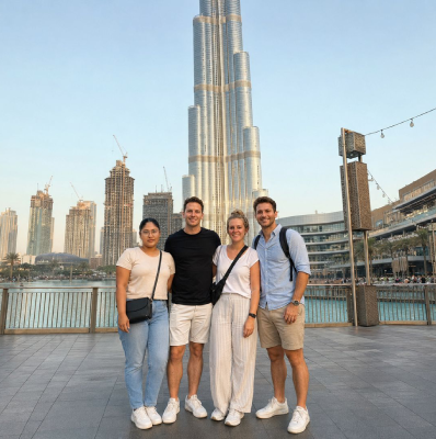 Piumi Samarasinghe in Downtown Dubai with Burj Khalifa behind her while reviewing Dubai Mall and fountain itinerary timing for Arabiers