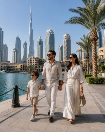 Family enjoying a private Dubai city tour along the waterfront with Burj Khalifa skyline — travel guide by Sultan Karrani for Arabiers