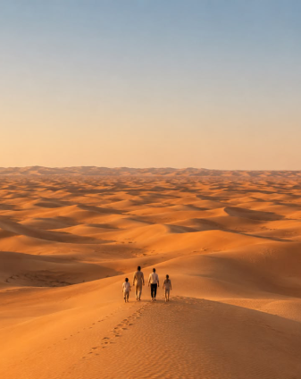 Solo traveller walking across golden Abu Dhabi desert dunes at sunset — Abu Dhabi Desert Safari guide by Sultan Karrani for Arabiers