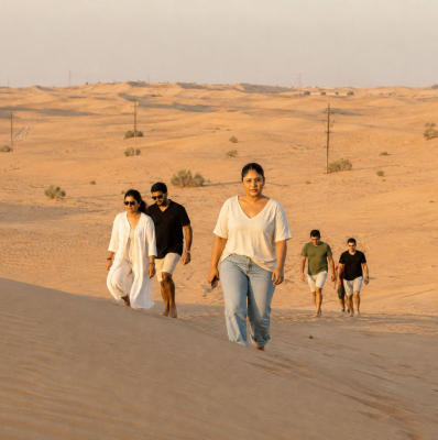 Piumi Samarasinghe walking through Dubai desert dunes at golden hour before reviewing desert safari experiences for Arabiers holiday packages