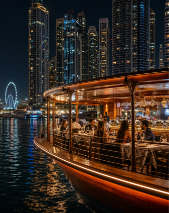 Dubai Marina dinner cruise with illuminated skyline views reviewed by Piumi Samarasinghe for Arabiers