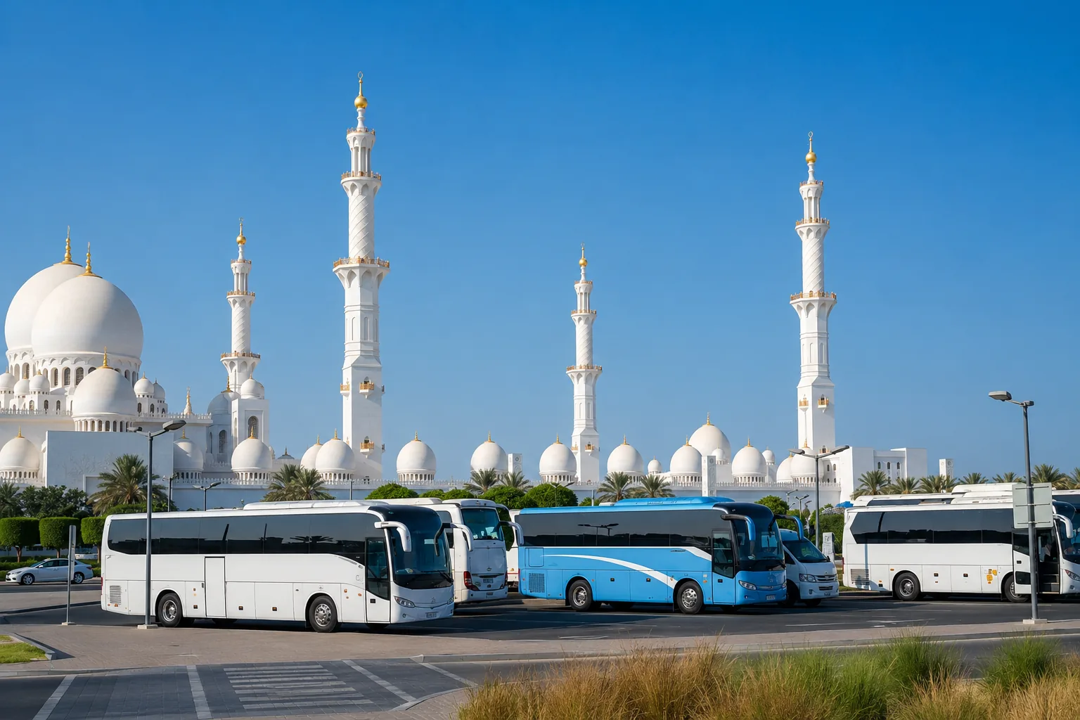 Arabiers Abu Dhabi DMC coach fleet arranged for a partner agency group near Sheikh Zayed Grand Mosque