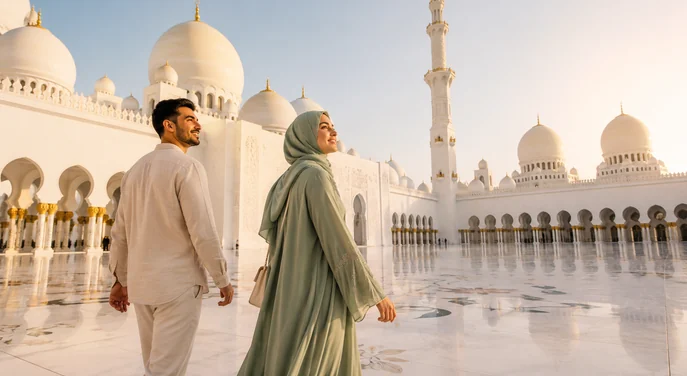 Couple visiting Sheikh Zayed Grand Mosque during a private Abu Dhabi city tour