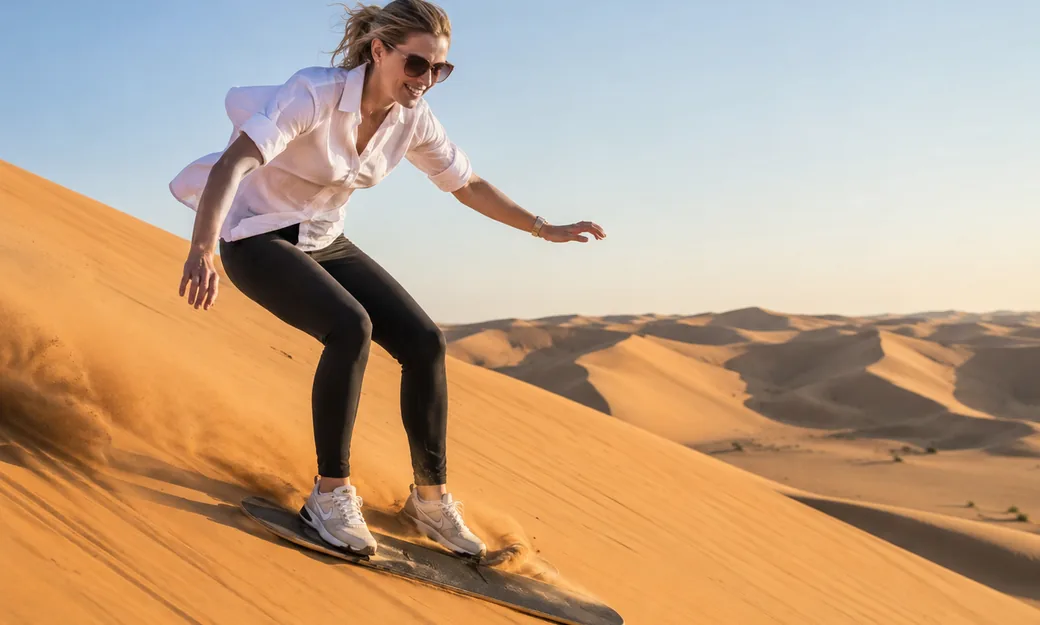 Traveller sandboarding down an Al Khatim dune during an Abu Dhabi morning safari