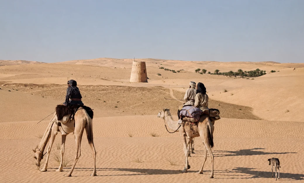 Historic Abu Dhabi desert watchtower and camel riders