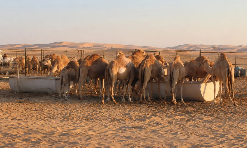 Camels gathered at an Al Wathba camel farm during the morning safari