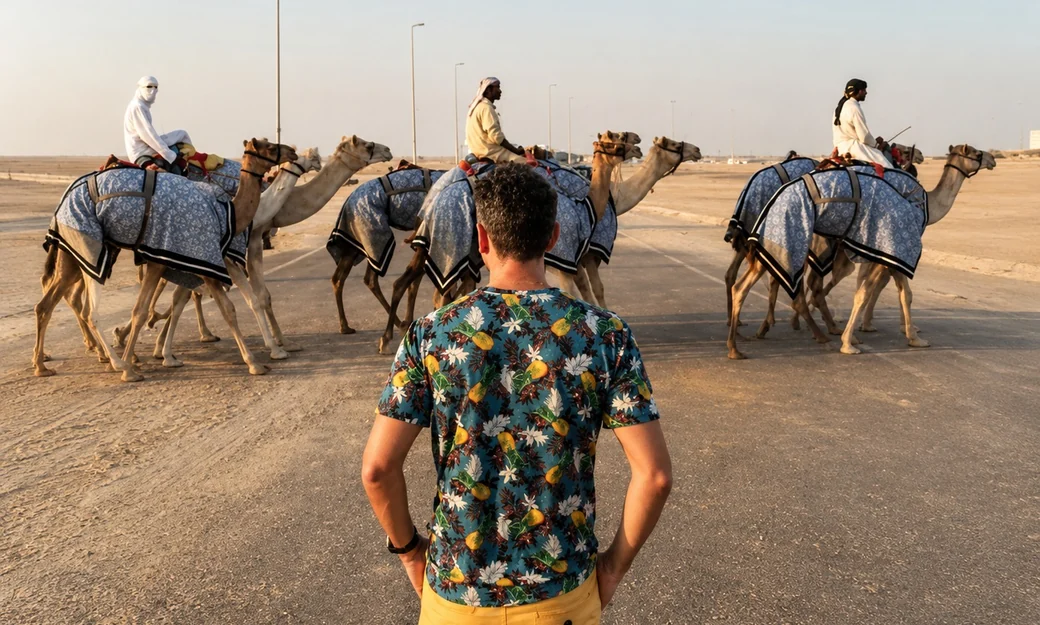 Camels gathered at an Al Wathba camel farm before sunset