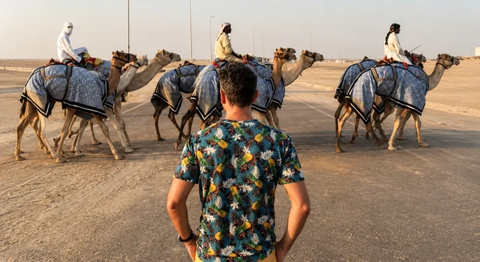 Traveller watching camel training beside the Al Wathba race track