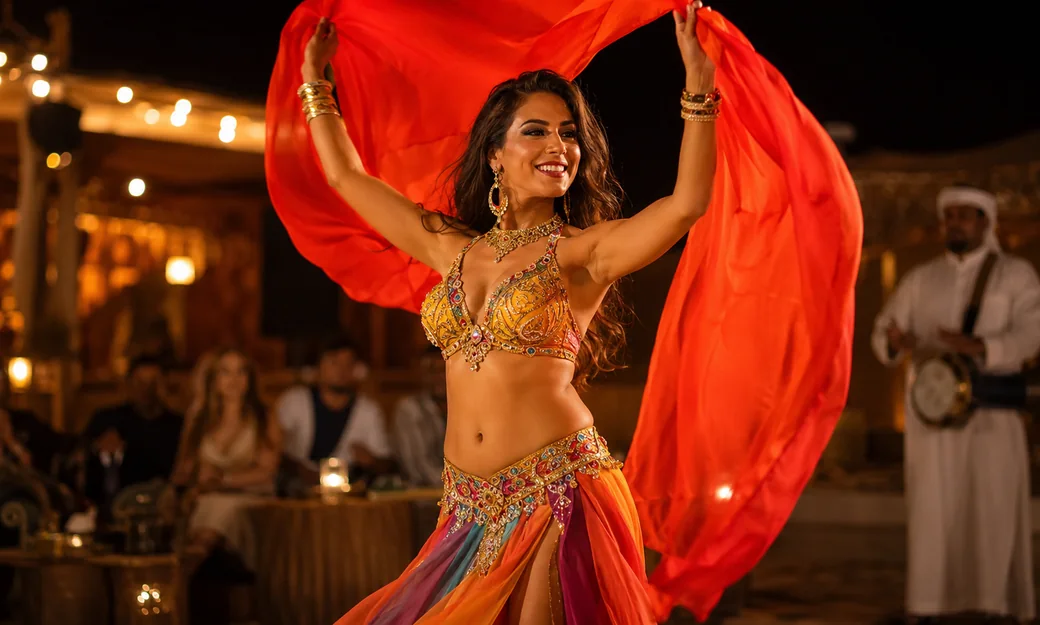 Belly dancer performing for guests at an Abu Dhabi desert camp