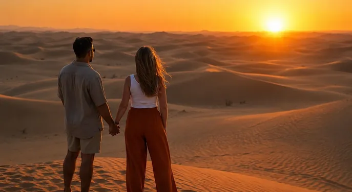 Couple watching the sunset during a private Abu Dhabi desert evening