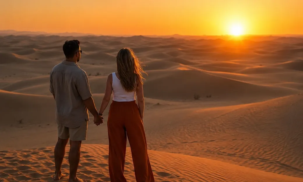 Couple watching the sunset during a private Abu Dhabi desert evening