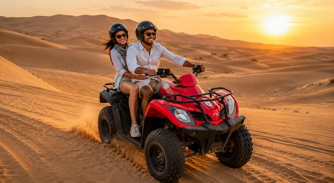 Couple riding a quad bike across Abu Dhabi desert dunes at sunset