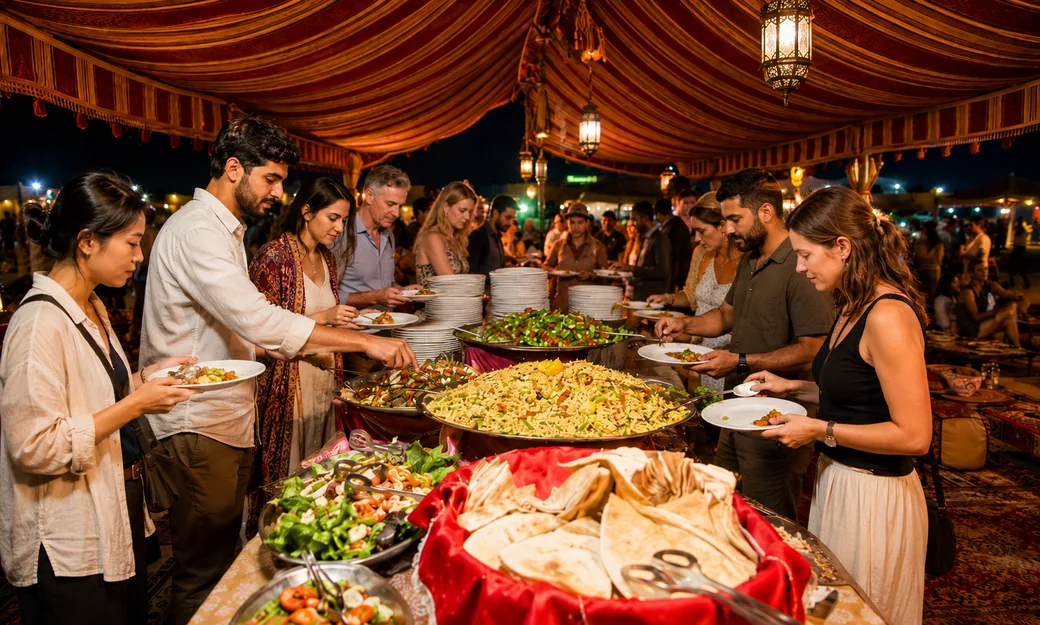 Guests enjoying a BBQ buffet at an Abu Dhabi evening desert camp