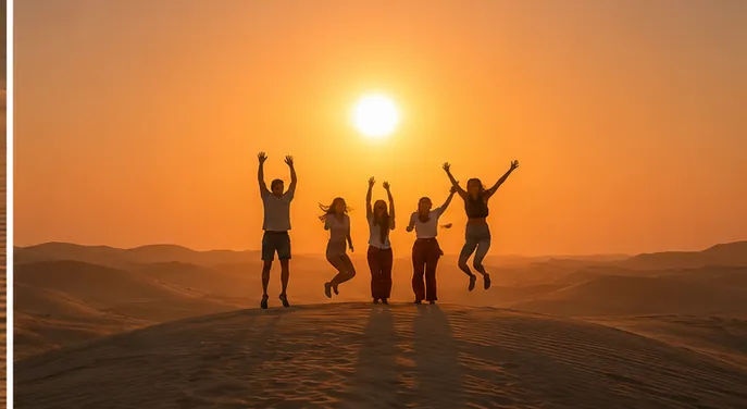 Friends jumping on a dune at sunset in Abu Dhabi