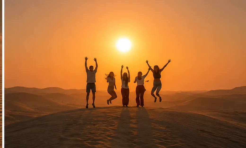 Friends jumping on a dune at sunset in Abu Dhabi