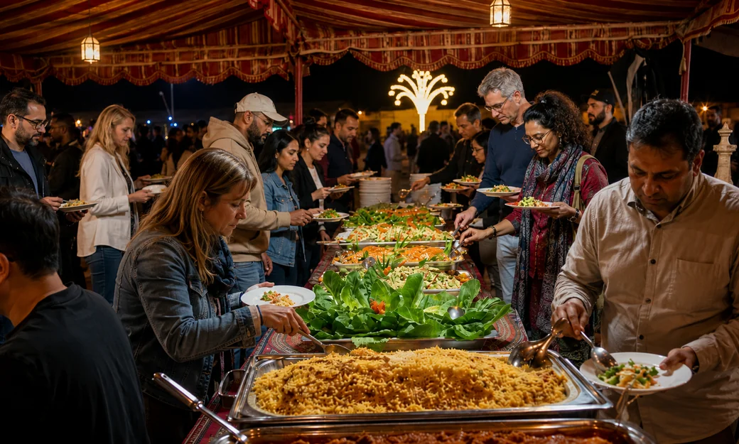 Guests enjoying a buffet dinner at a desert safari camp in Abu Dhabi