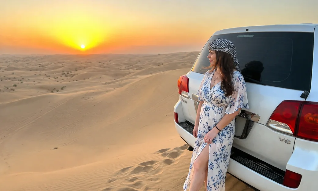 Woman enjoying the Abu Dhabi desert sunset beside a white 4x4
