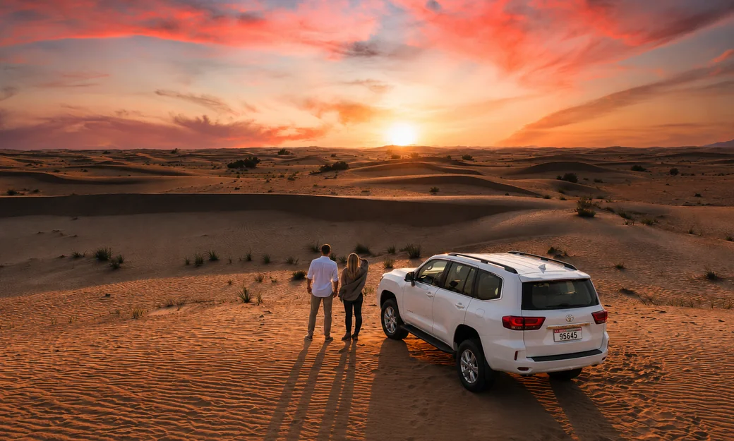 Couple standing beside a 4x4 vehicle watching the sunset in the Abu Dhabi desert