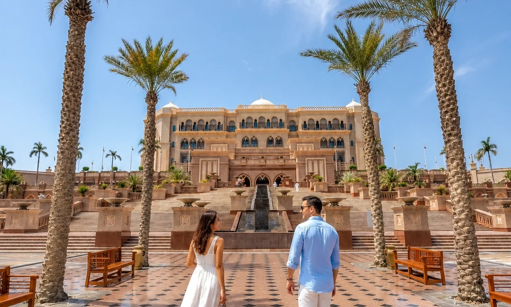 Couple walking towards Emirates Palace Mandarin Oriental Abu Dhabi