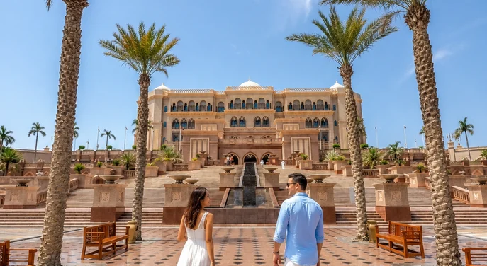 Couple walking towards Emirates Palace Mandarin Oriental Abu Dhabi