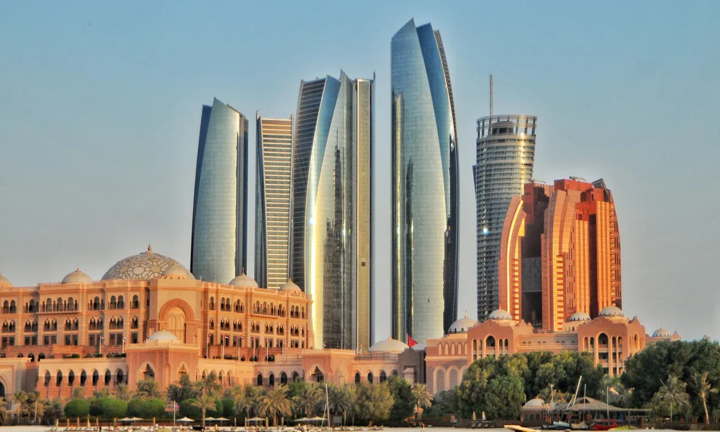 Emirates Palace and Abu Dhabi skyline viewed from the waterfront