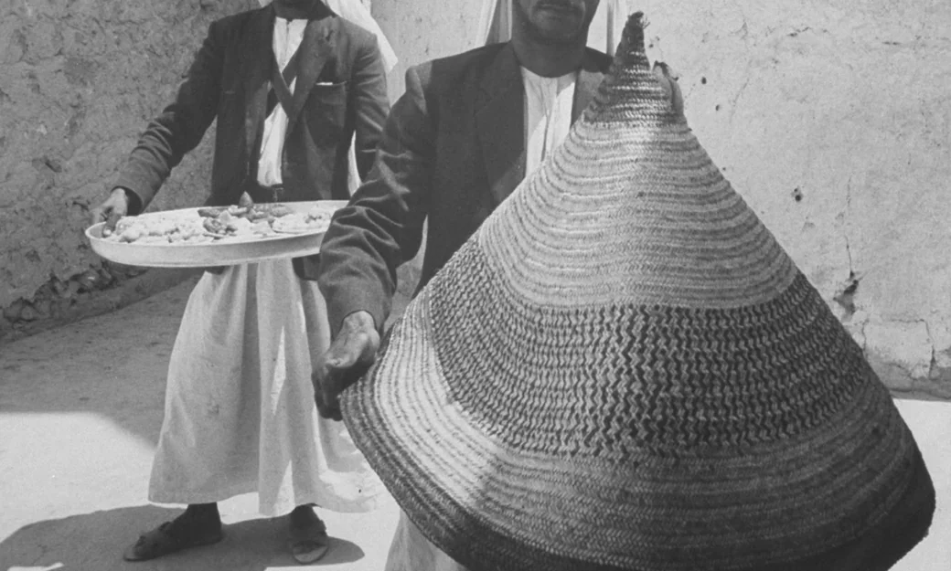 Historic photograph of Emirati basket weaving