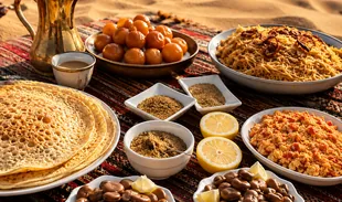 Authentic Emirati breakfast served during an Abu Dhabi desert trip