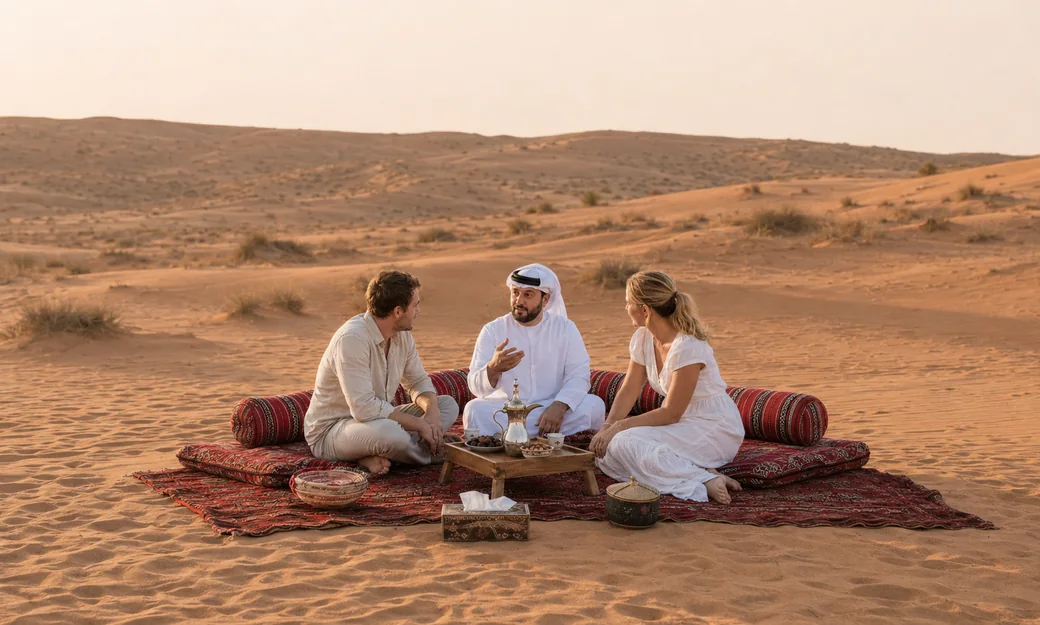 Emirati coffee and storytelling experience in a desert majlis in Abu Dhabi