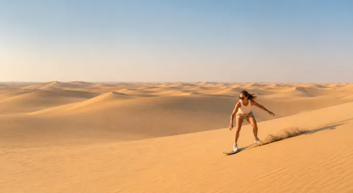 Travellers sandboarding across the Abu Dhabi desert dunes at sunset
