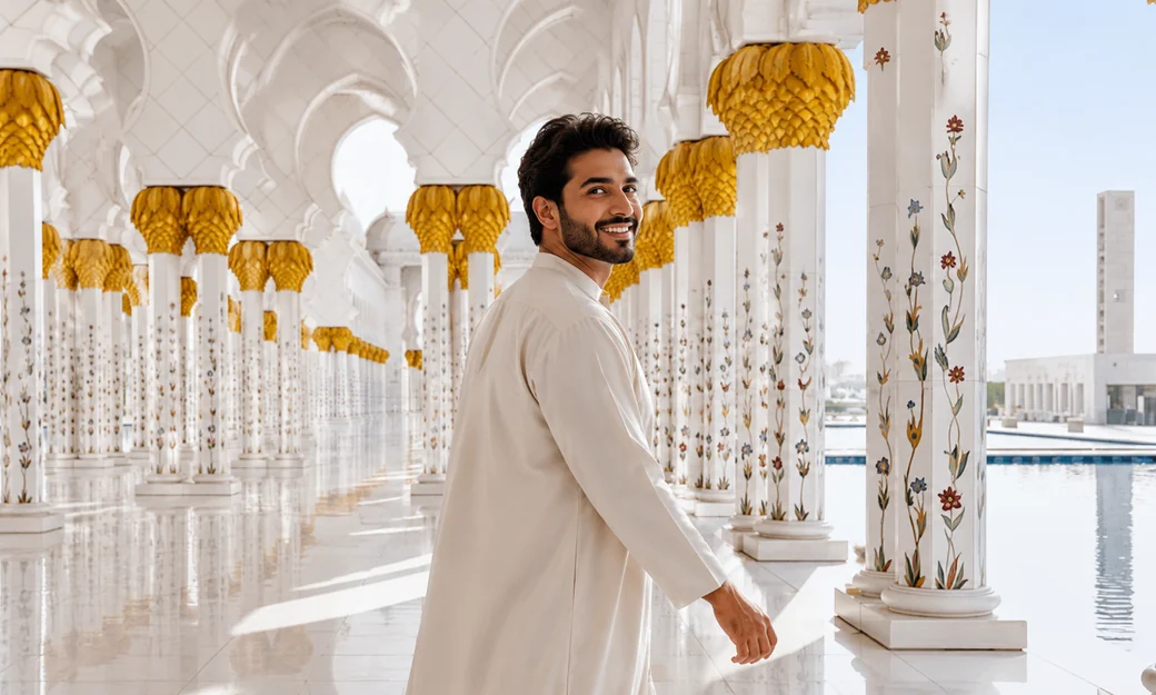 Visitor walking through the floral colonnade at Sheikh Zayed Grand Mosque