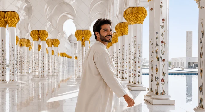 Visitor walking through the floral colonnade at Sheikh Zayed Grand Mosque