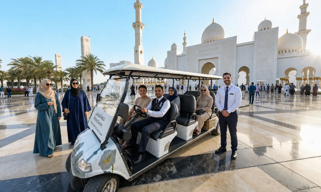 Couple walking beneath illuminated arches at Sheikh Zayed Grand Mosque