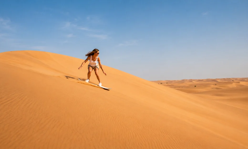Traveller sandboarding down a high dune during the Liwa Day Tour