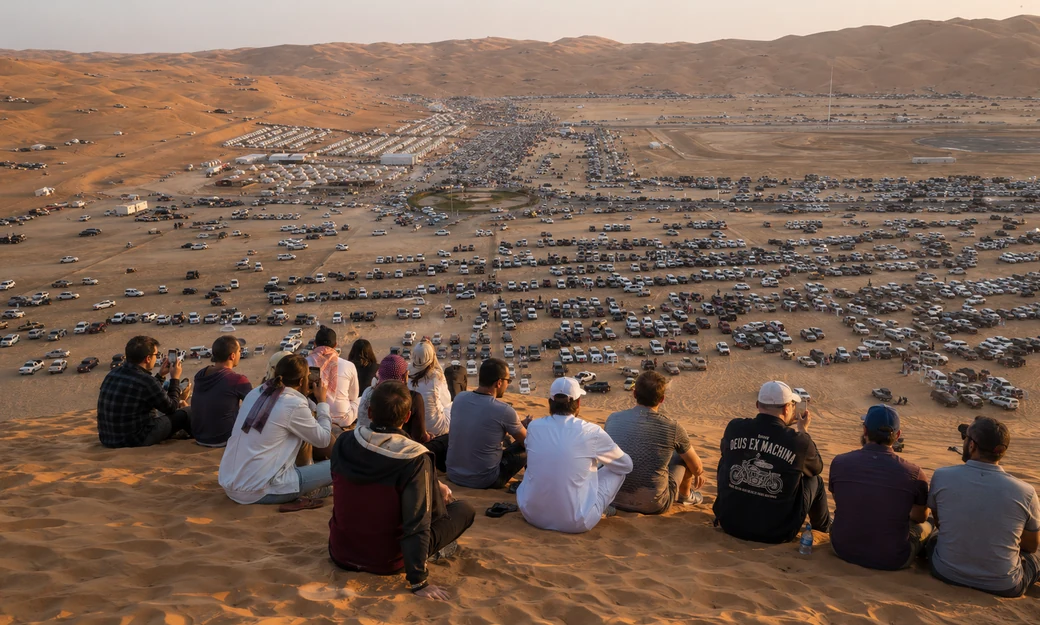 Festival visitors overlooking the busy Liwa International Festival grounds from a high dune