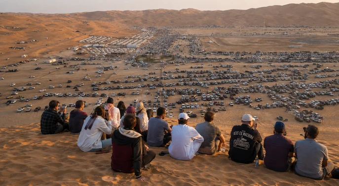 Festival visitors overlooking the busy Liwa International Festival grounds from a high dune