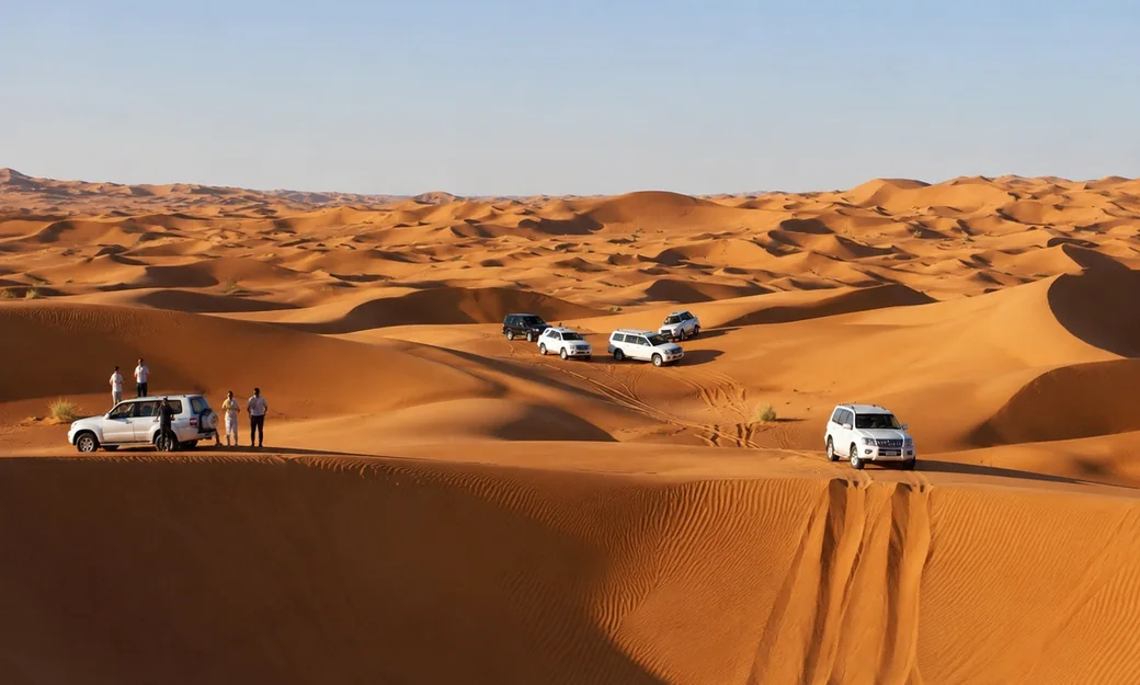 Private 4x4 convoy stopping on high dunes in the Liwa Empty Quarter