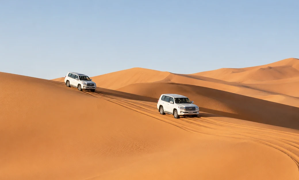 Two white 4x4 vehicles following a guided route across the Liwa Empty Quarter dunes