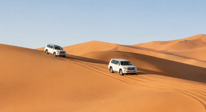 Two white 4x4 vehicles following a guided route across the Liwa Empty Quarter dunes