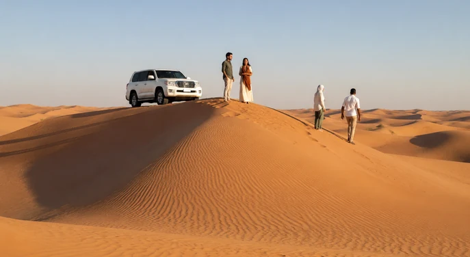 Guests walking on a Liwa dune summit beside a white 4x4 during the self drive tour