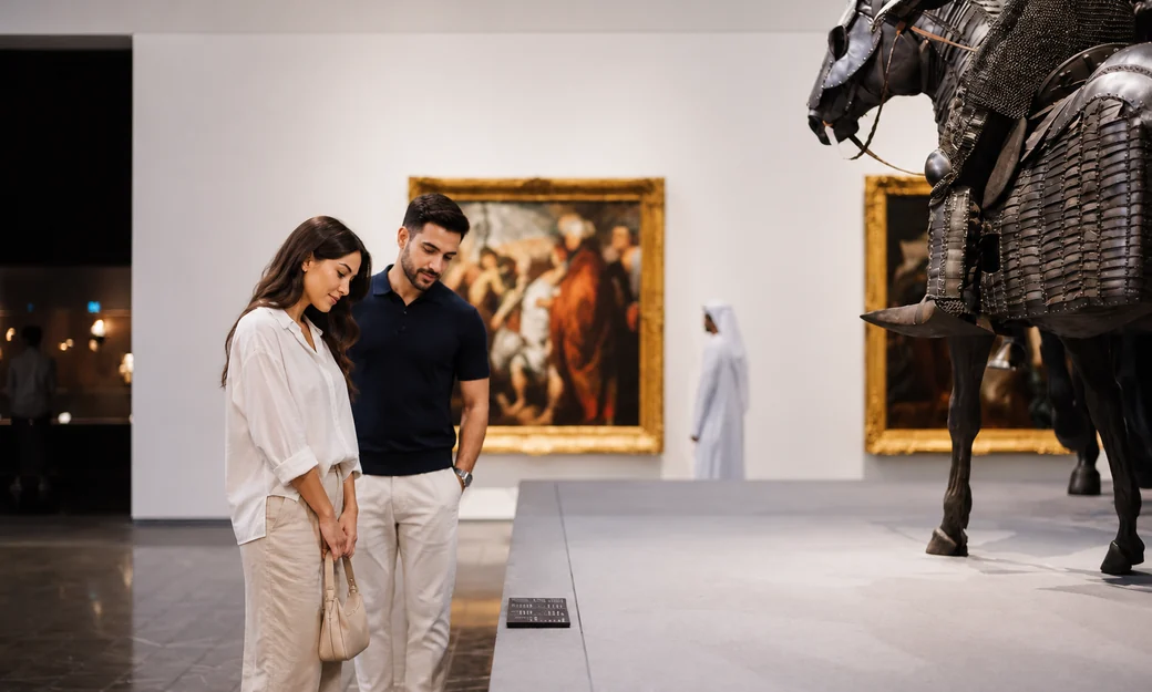 Couple viewing an armour display at Louvre Abu Dhabi