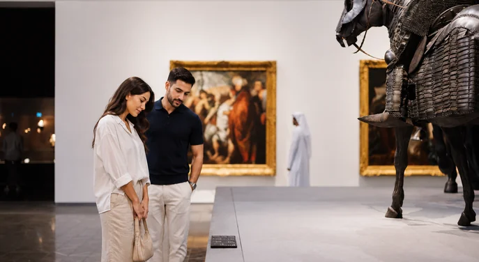 Couple viewing an armour display at Louvre Abu Dhabi
