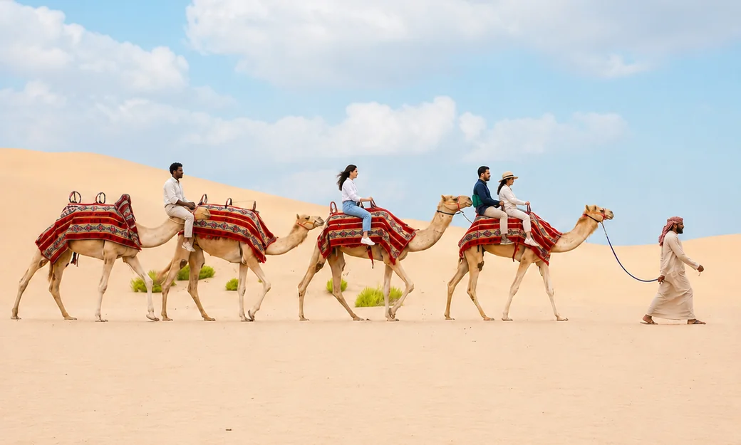 Morning camel caravan led across pale Abu Dhabi desert dunes