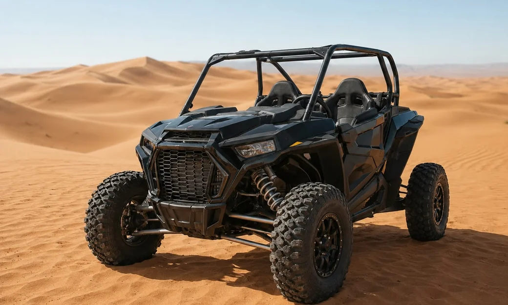 Polaris dune buggy parked on the Al Khatim dunes during a clear Abu Dhabi morning