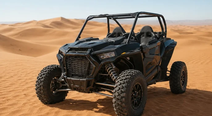 Polaris dune buggy parked on the Al Khatim dunes during a clear Abu Dhabi morning