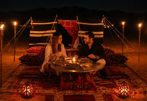 Private desert dinner served beside a Bedouin tent in Abu Dhabi