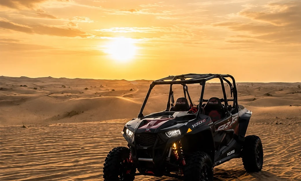 Polaris dune buggy parked on the Al Khatim dunes at golden hour